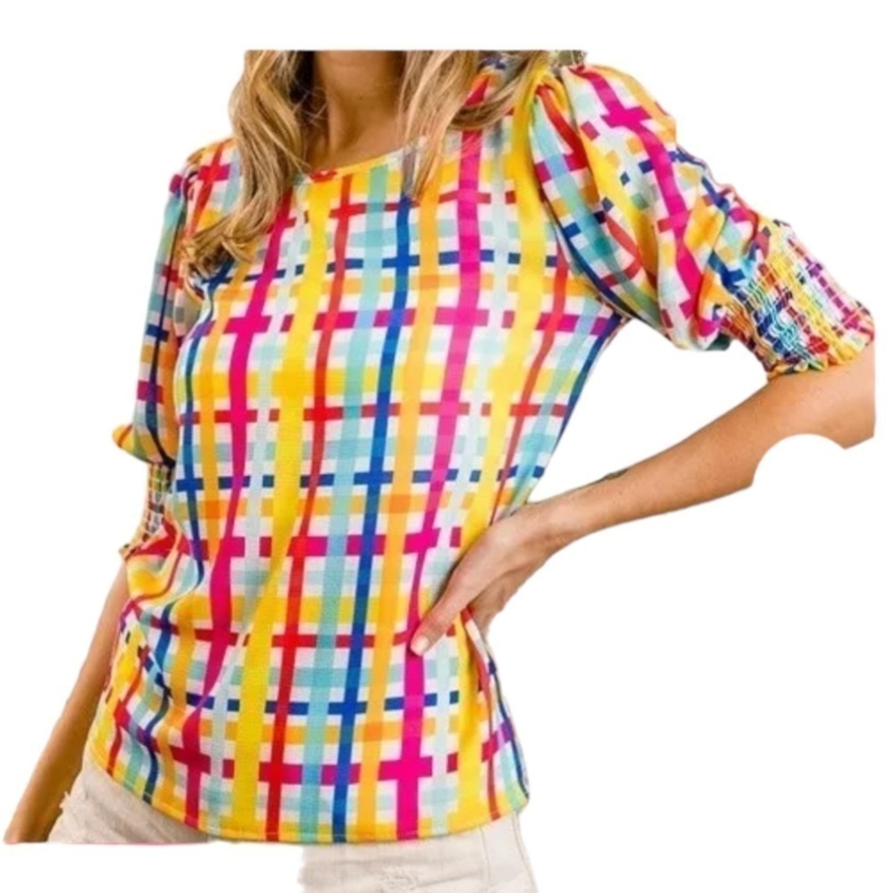 BIBI Colorful Plaid Scoop Neck Top Women's Small Short Sleeve Boutique Blouse